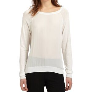 Vince Off White Silk Front Panel Linen Blend Knit Pullover Sweater L